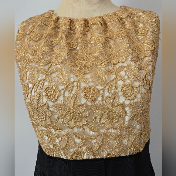 MILLY OF NEW YORK Gold and Black Lace Midi Dress with Waist Bow. Size 4 - Picture 3 of 16